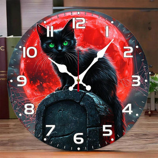 Black Cat Under Blood Moon Halloween Wooden Wall Clock
