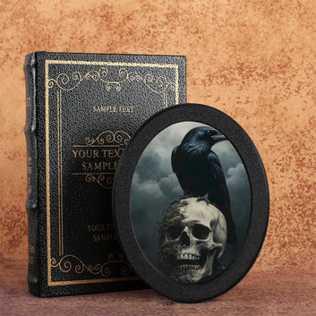 Skull Crow Retro Witchy Wall Art - Black Raven Gothic Wooden Oval Frame Halloween Wall Decoration