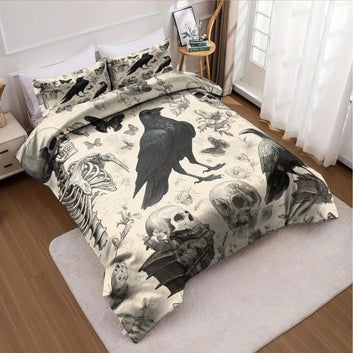 Witchy Raven Halloween Duvet Cover Set Gothic Skulls Crows Bedding Set