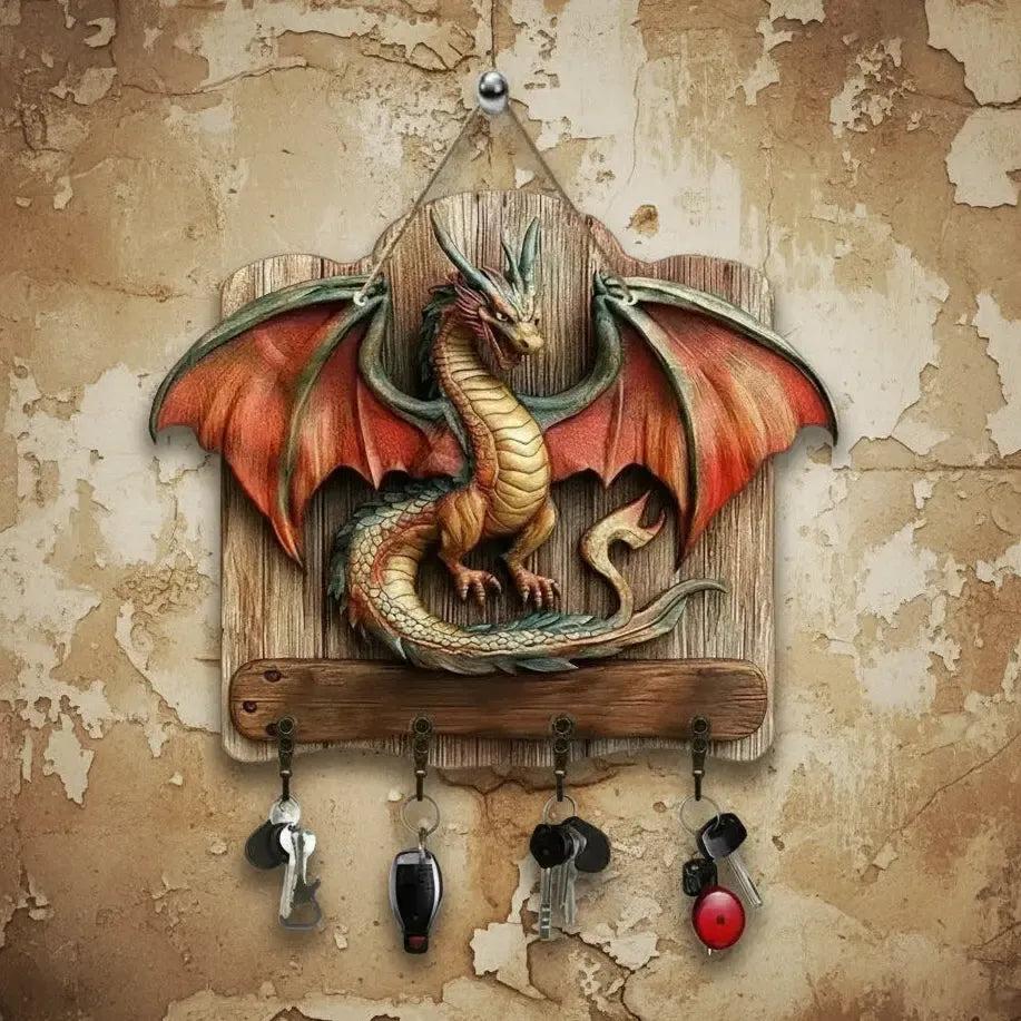 2D Dragon Wooden Key Holder with Four Metal Hooks-MoonChildWorld