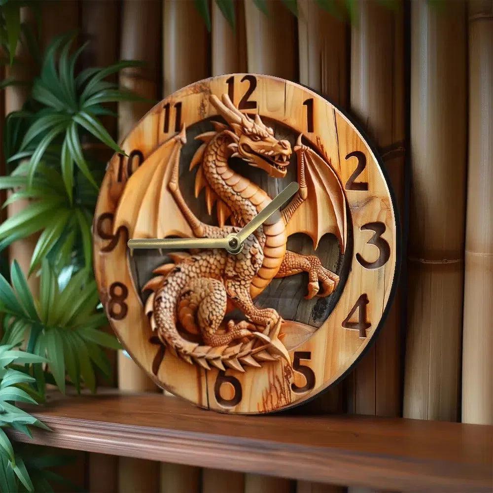 Wooden wall clock with a dragon - Mythical Dragon Wall Clock-MoonChildWorld