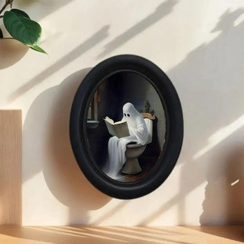 Little Ghost Sitting on the Toilet Wooden Oval Frame - Gothic Oval Wall Art - Halloween Wall Decoration