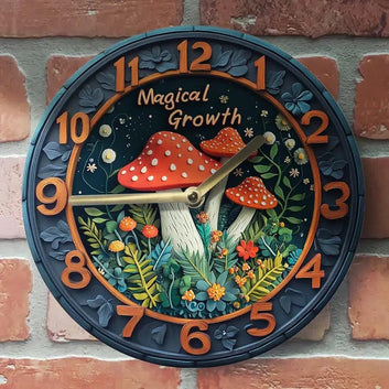 Enchanted Forest Metal Wall Clock - Whimsical Mushroom & Floral Design Wiccc Wall Clock