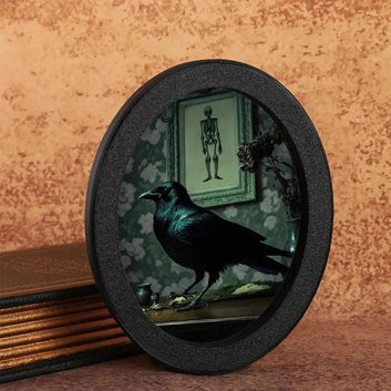 Skelaton Dark Crow Wall Art - Witchy Black Raven Gothic Wooden Oval Frame Halloween Wall Decoration