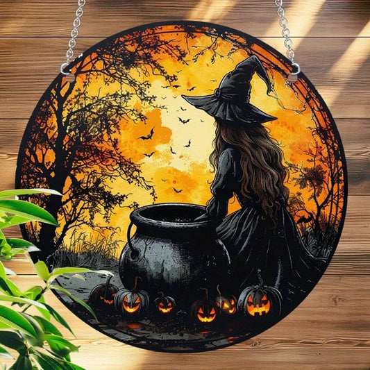 Pumpkin Witch Suncatcher for Halloween Gothic Acrylic Sign