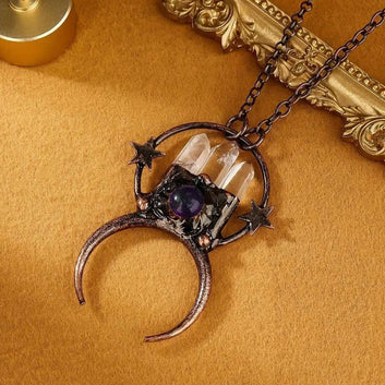 Vintage Star Moon Natural Crystal Stone Necklace Wiccan Jewelry