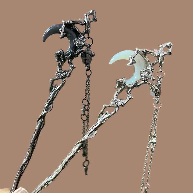 Black Crystal Moon Tassel Hair Stick Gothic Moon Hair Stick Witchy Hair Accessories-MoonChildWorld