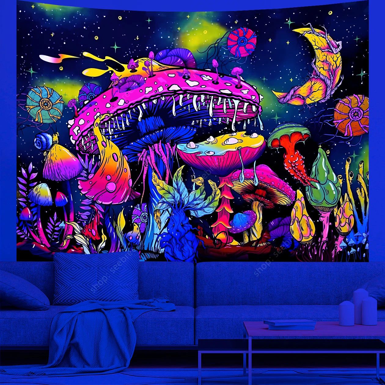 Psychedelic Mushroom UV Reactive Tapestry Aesthetic Tapestry Wall Hanging Hippie Decor-MoonChildWorld