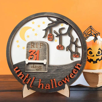 3D Halloween Wooden Countdown Ornament - Gothic Grave Design with Pumpkins and Moon