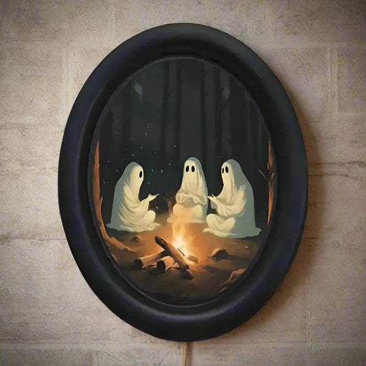 Retro Halloween Three Ghosts Witchy Wooden Oval Frame - Gothic Oval Wall Art - Halloween Wall Decoration