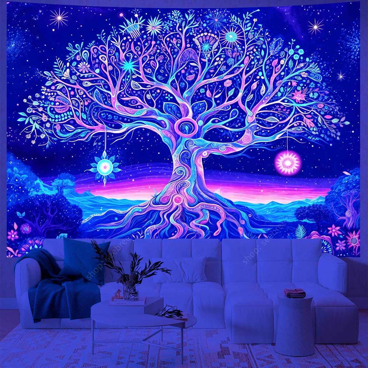 Tree of Life UV Reactive Tapestry Starry Night Tapestry Wall Hanging Pagan Wall Decor-MoonChildWorld