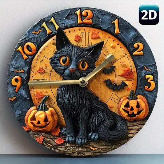 Spooky black cat wooden wall clock for Halloween decor