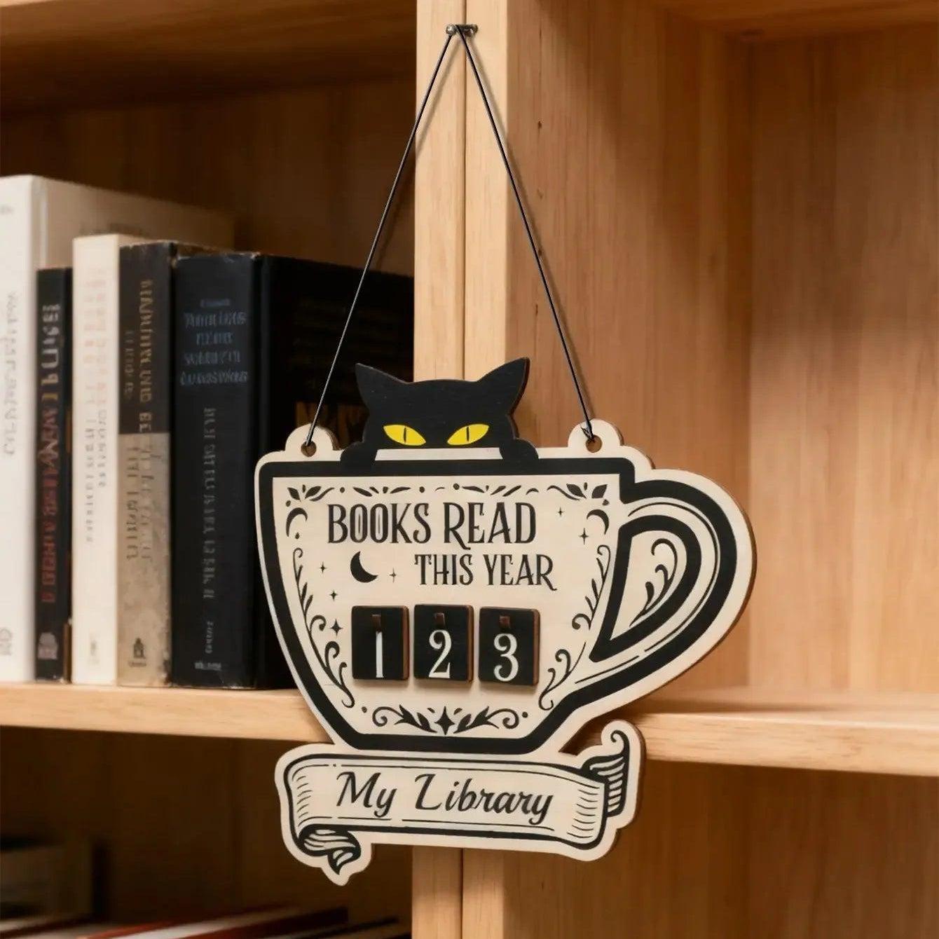 Black Cat Book Tracker Sign Occult Cat Wall Hanging Decor with Counting Blocks-MoonChildWorld