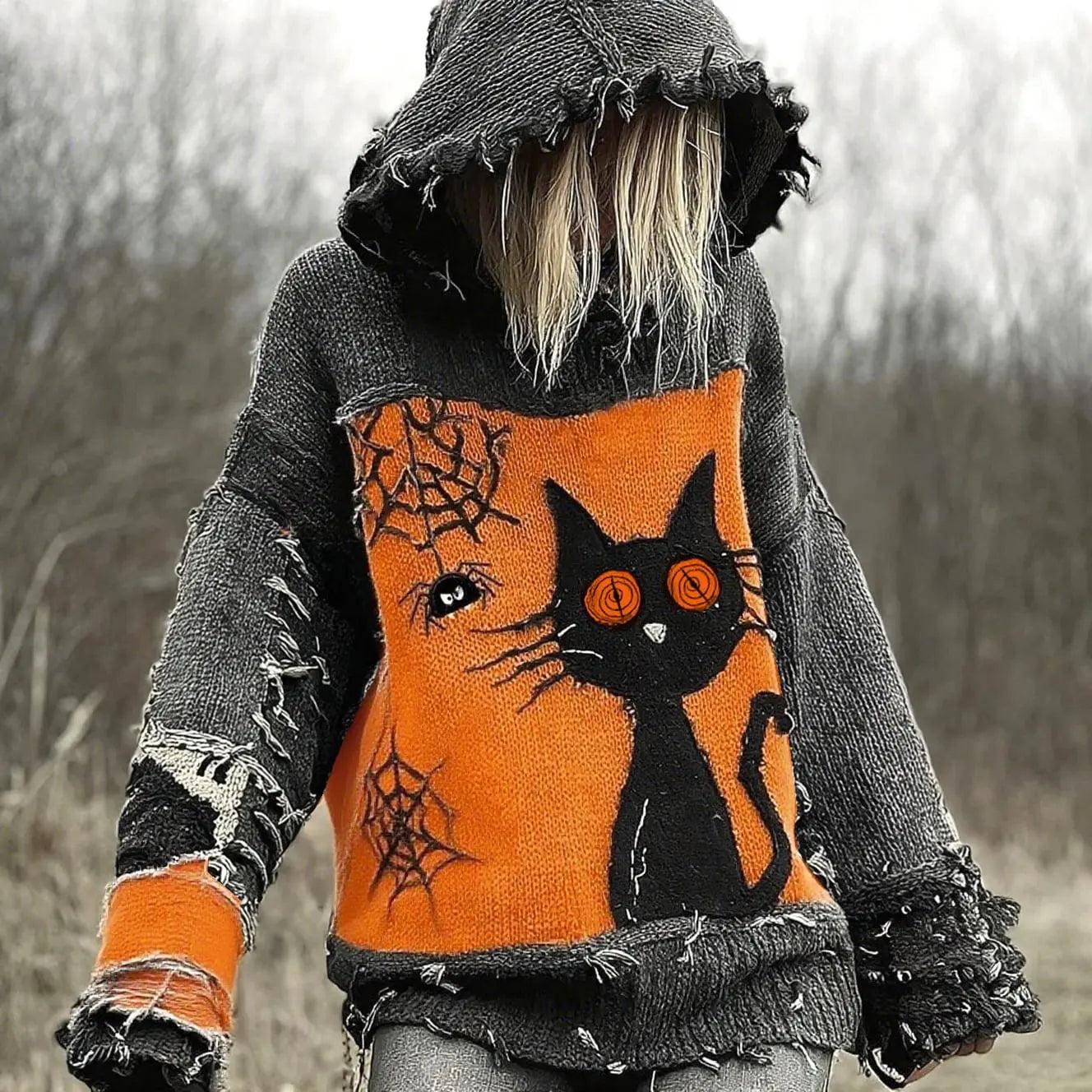 Gothic Halloween Oversized Sweaters Horror Black Cat Sweater O Neck Hooded Pullover-MoonChildWorld
