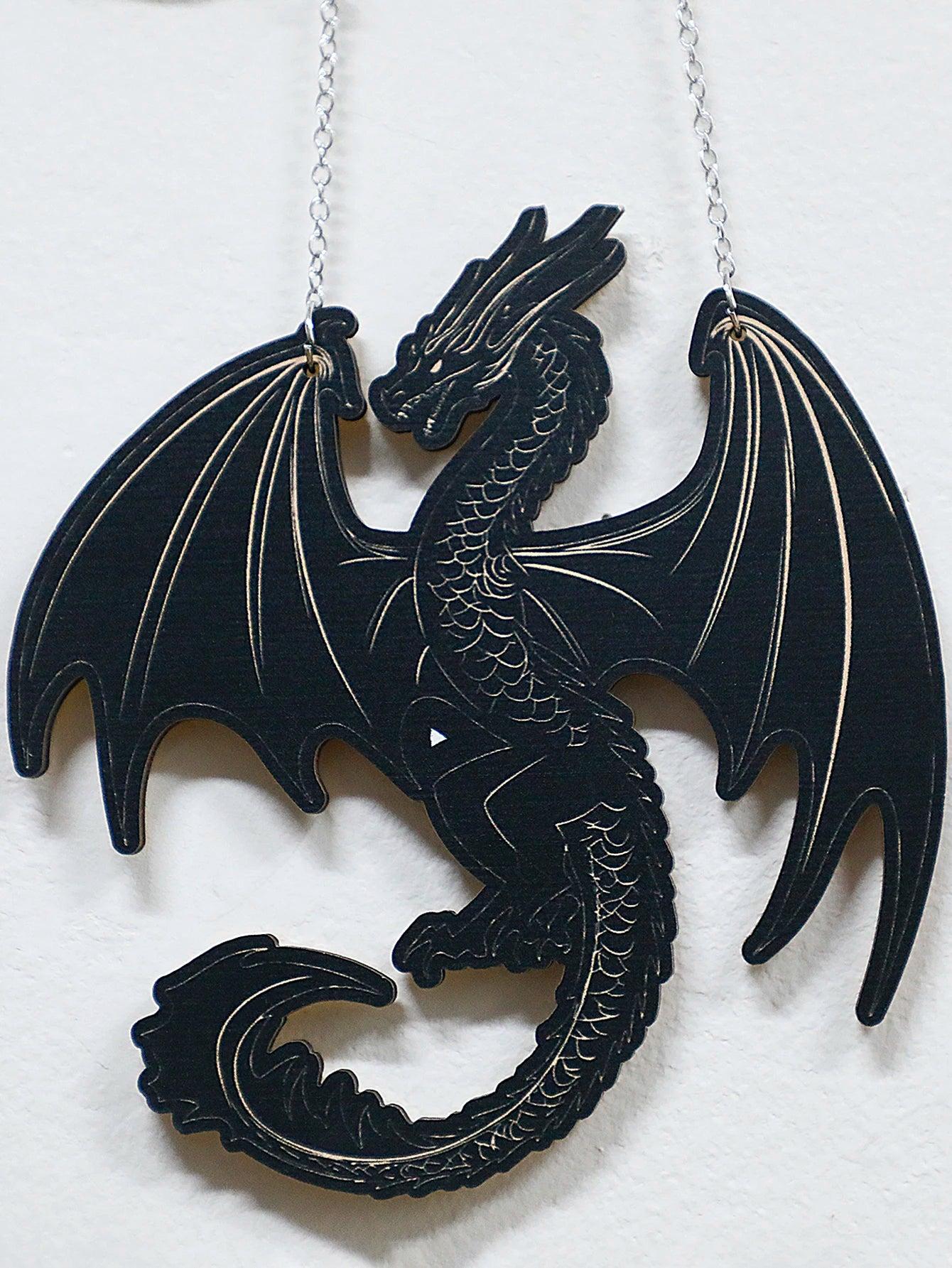 Gothic Black Wooden Dragon Hanging Ornament - Spirit Tree Moon Phase Wall Decoration Wicca Home Decor-MoonChildWorld