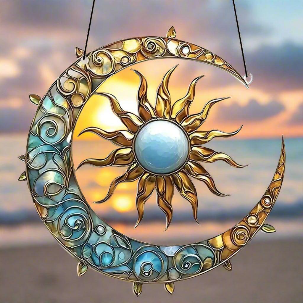 Boho Crescent Moon and Sun Hanging Ornament - Celestial Sun Moon Acrylic Suncatcher Window Hanging-MoonChildWorld