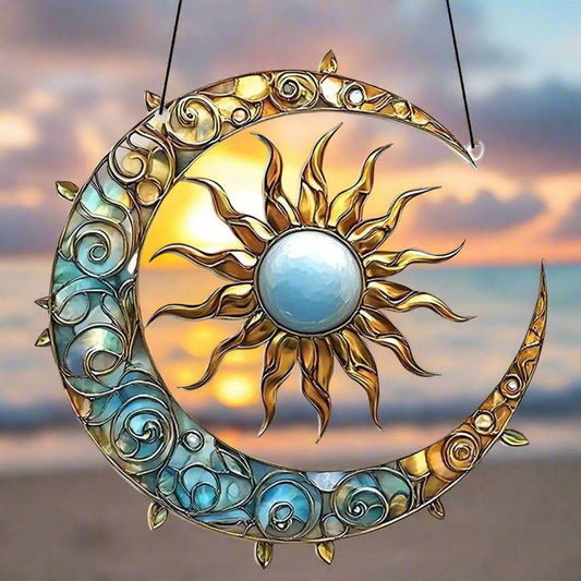 Boho Crescent Moon and Sun Hanging Ornament - Celestial Sun Moon Acrylic Suncatcher Window Hanging
