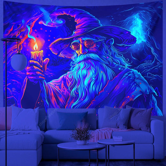 Halloween Wizard UV Reactive Tapestry for Witchcraft Hippie Wall Hanging