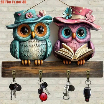 2D Cute Owl Wooden Multifunctional Key Holder with Four Metal Hooks