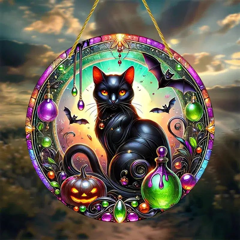 Halloween Black Cat Suncatcher Moon Cat Hanging Ornament Window Decorations-MoonChildWorld