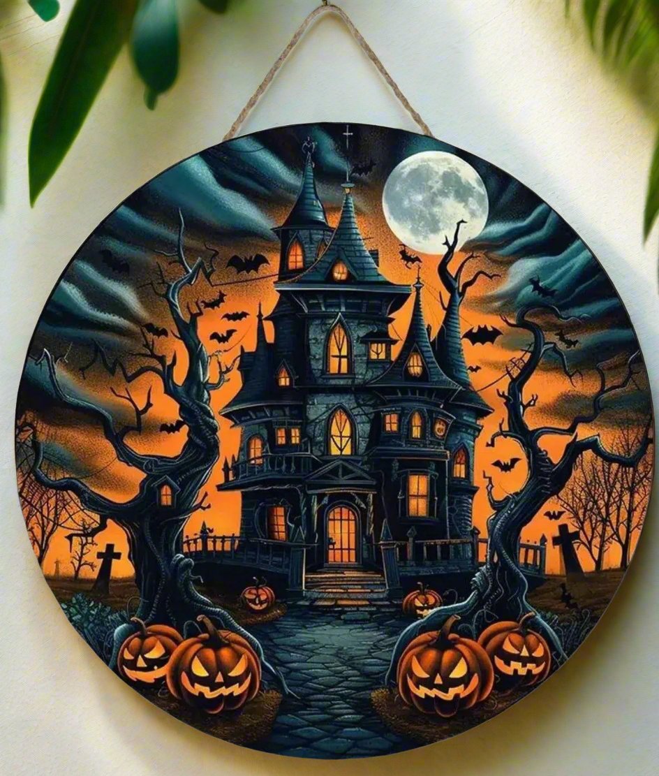 Gothic Haunted House Wooden Sign Witchy Hanging Sign for Halloween-MoonChildWorld