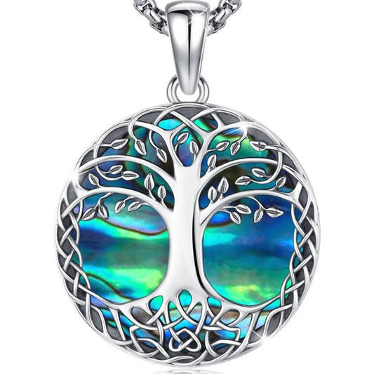 925 Sterling Silver Tree of Life Necklace Abalone Shell Celtic Knot Pagan Jewelry