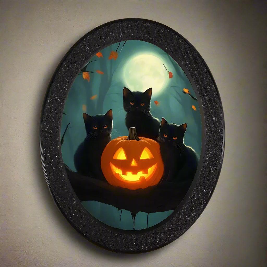 Pumpkin and Black Cats Wooden Oval Frame - Gothic Oval Wall Art - Spooky Halloween Wall Decoration-MoonChildWorld