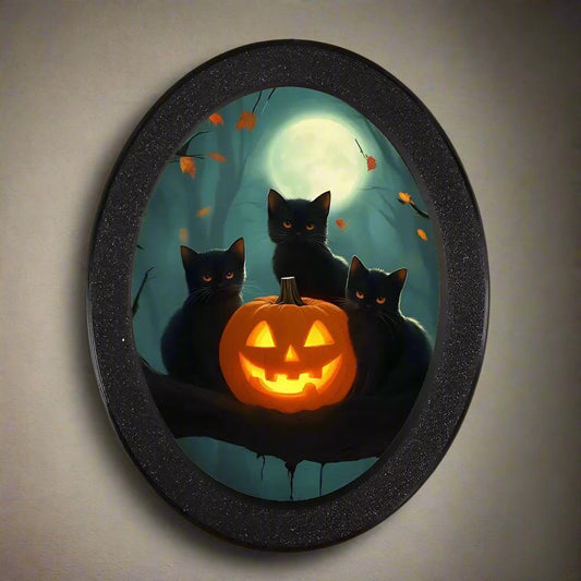 Pumpkin and Black Cats Wooden Oval Frame - Gothic Oval Wall Art - Spooky Halloween Wall Decoration