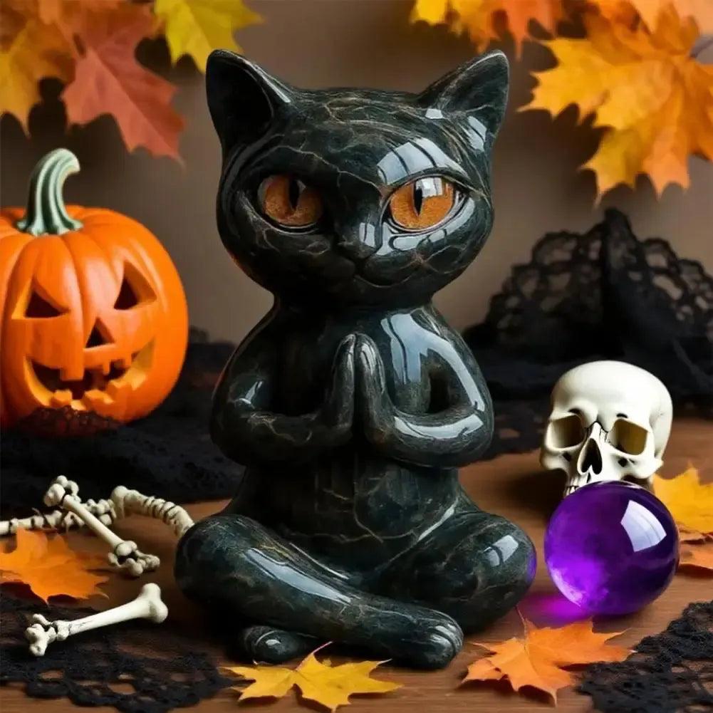Meditation Black Cat Statue Yoga Black Cat Figurine Witchy Resin Sculpture for Halloween Decoration-MoonChildWorld