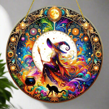 Witch Suncatcher Magic Acrylic Round Sign Halloween Window Hanging Decor-MoonChildWorld