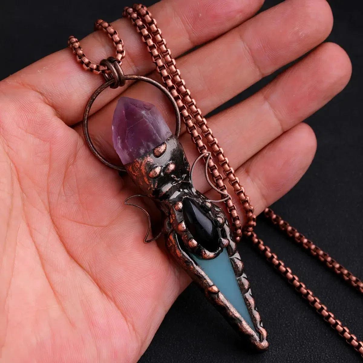 Triple Moon Wiccan Necklace Amethyst Blue Agate Natural Stone Necklace-MoonChildWorld