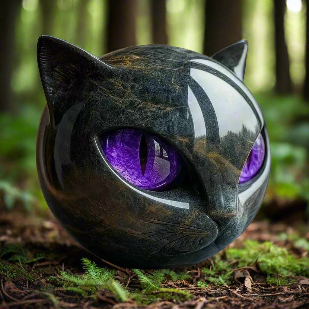 Amber Eyes Marble Black Cat Sculpture Hand-carved Healing Stone Cat Ornament Witchy Home Decor-MoonChildWorld