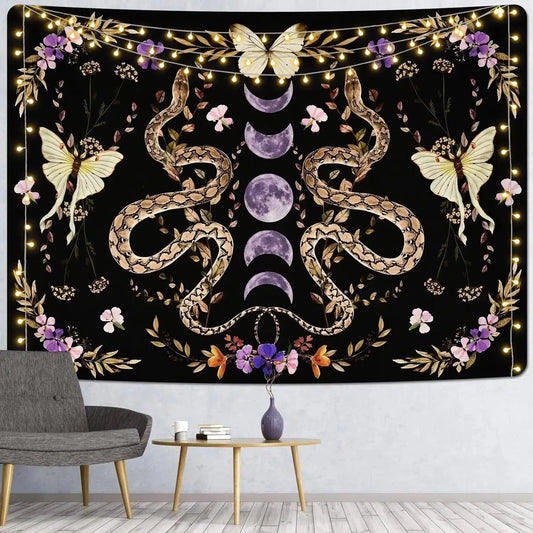 Snake Floral Plants Moon Phase Tapestry Aesthetic Decor