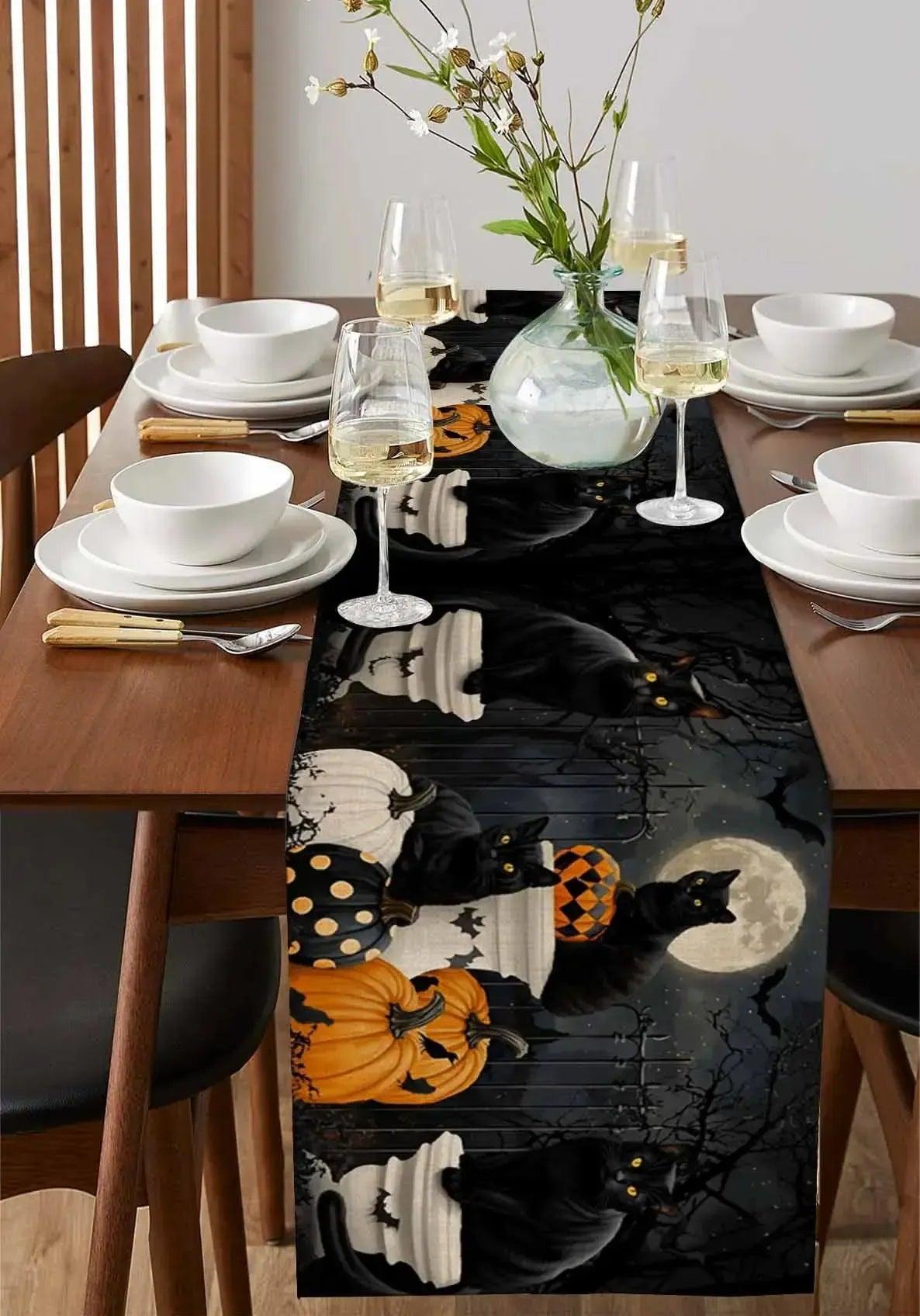 Vintage Pumpkin Black Cat Halloween Table Runner - Spooky Table Runner for Witchy Table Decor-MoonChildWorld