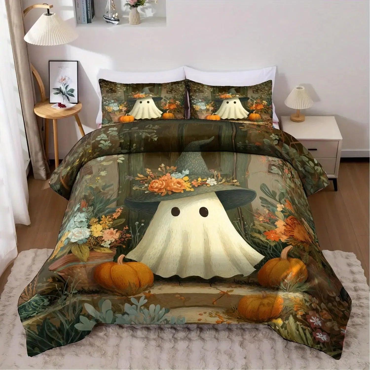 Spooky Pumpkin Ghost Duvet Cover Set Halloween Bedding Set Witch Home Decor-MoonChildWorld