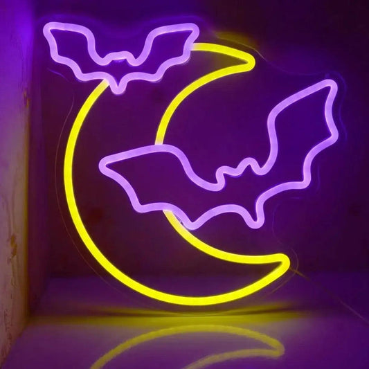 Witchy Moon and Bat Neon Signs Gothic Bat LED Neon Light Witch Wall Decor Halloween Decorations