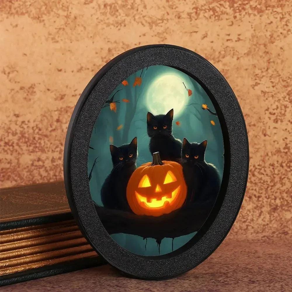 Pumpkin and Black Cats Wooden Oval Frame - Gothic Oval Wall Art - Spooky Halloween Wall Decoration-MoonChildWorld