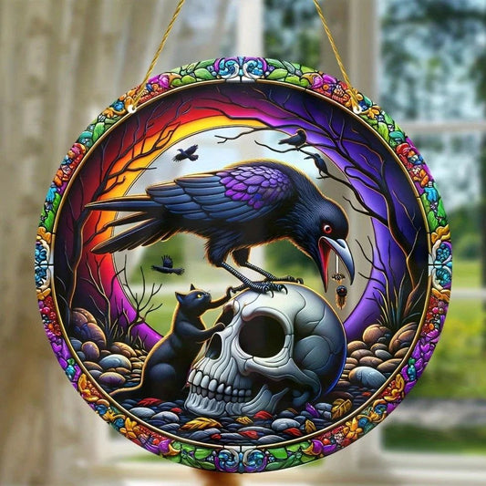 Raven Skull Suncatcher Witchy Crow Acrylic Round Sign Gothic Home Decor