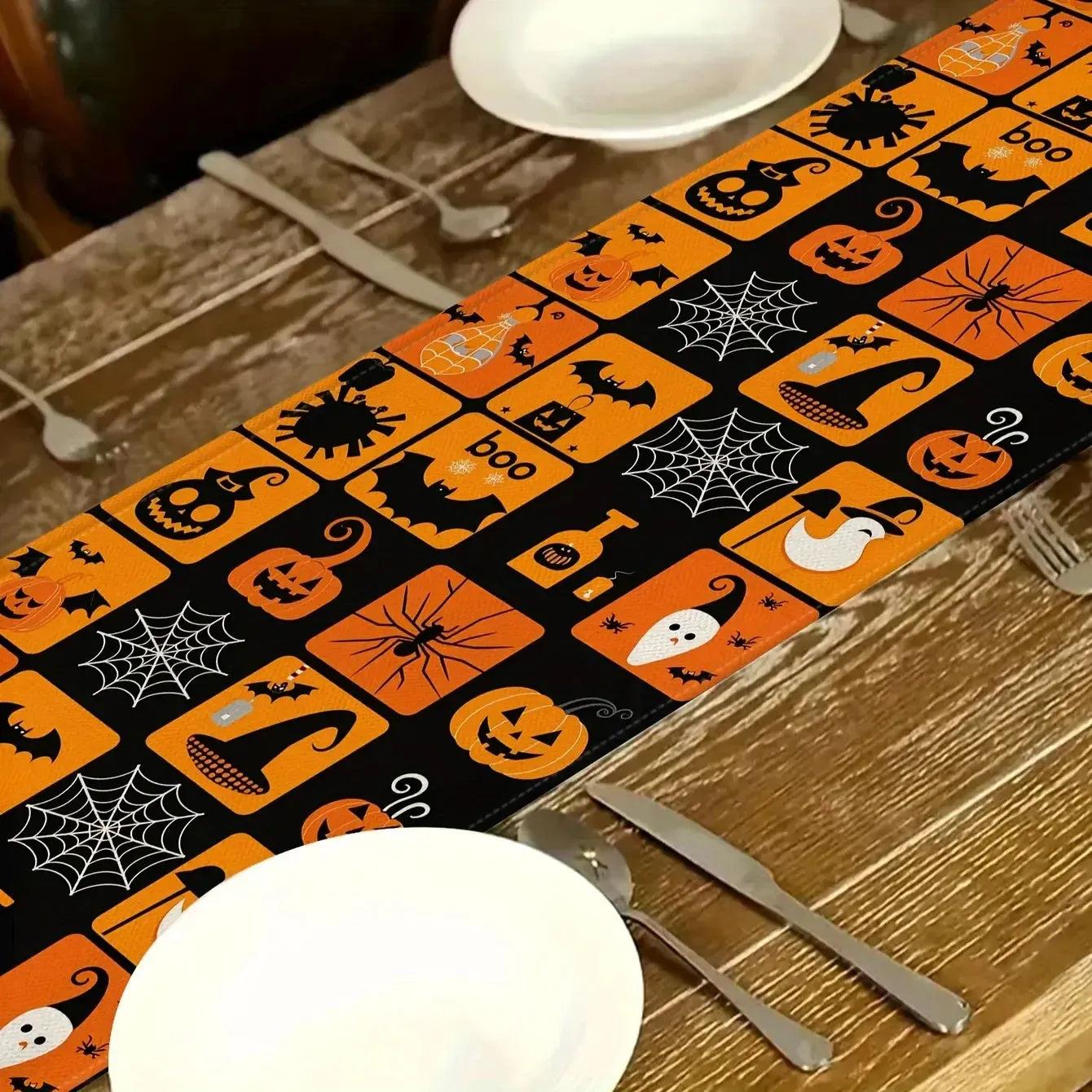 Halloween Spooky Pumpkin Grid Linen Table Runner - Gothic Witch Table Runner Halloween Decorations-MoonChildWorld