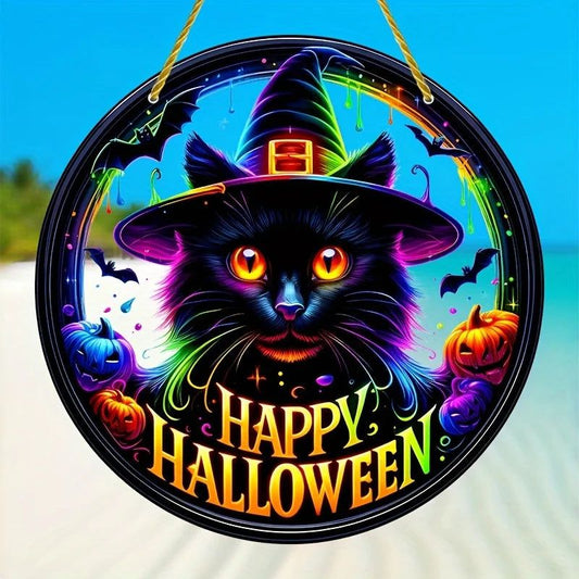 Black Cat Suncatcher Halloween Acrylic Round Sign