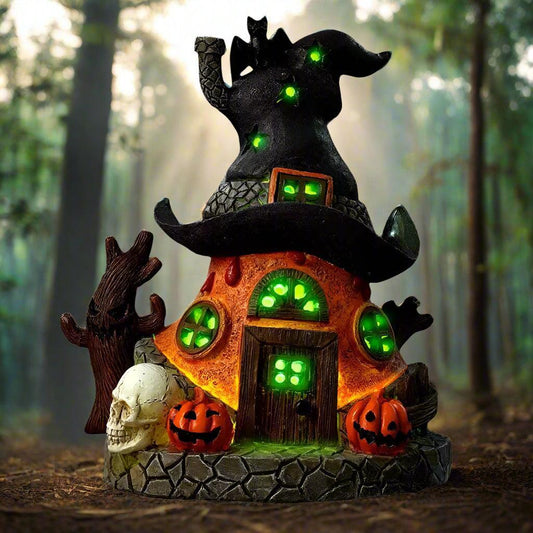 Witch House Statue with LED Light- Magical House Resin Figurine Desktop-Halloween House Sculpture Home Decoration