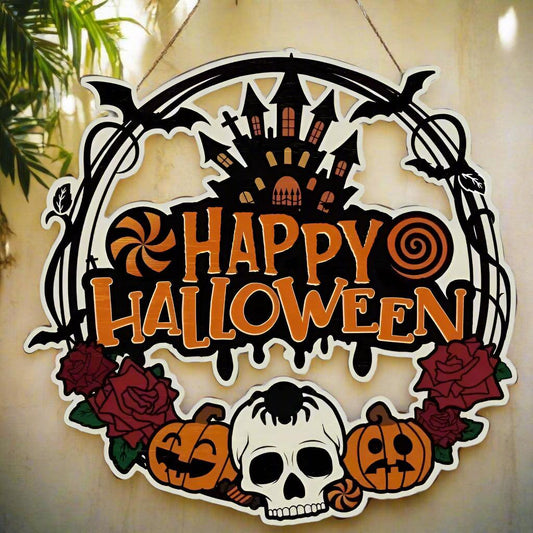 Witch Halloween Door Sign - Gothic Wood Welcome Hanger with Pumpkin & Horror Patterns for Spooky Decor