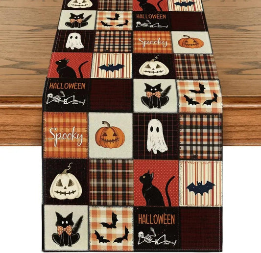 Halloween Black Cats Bat Pumpkins Spooky Linen Table Runner for Gothic Halloween Table Decor