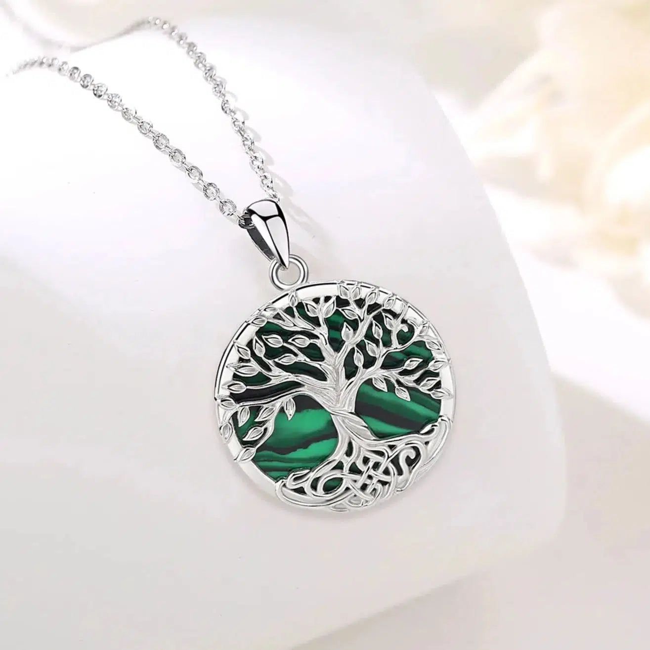 Pagan Celtic Tree of Life Necklace Malachite Natural Stone Jewelry-MoonChildWorld