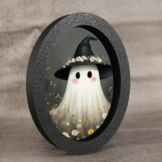 Cute Ghost Witchy Wooden Oval Frame - Gothic Oval Wall Art for Spooky Halloween Home Decor