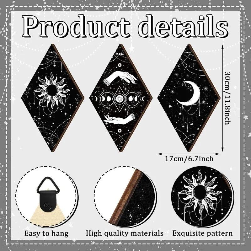 Celestial Moon Phases Wall Decor Set 9pcs - Wicca Sun Moon Wooden Hanging Signs for Witchy Home Decor-MoonChildWorld