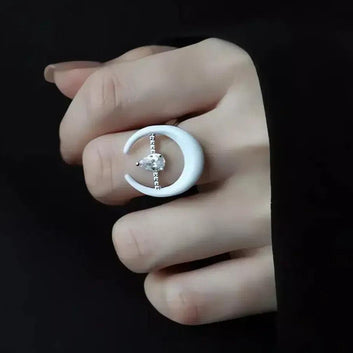 Crystal Crescent Moon Ring for Wiccans - Witchy Moon Ring Pagan Jewelry