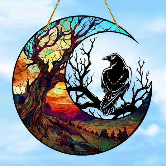 Black Raven Suncatcher Dark Crow Witchy Acrylic Round Sign Gothic Home Decor