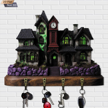 2D Haunted House Key Holder 4 Metal Hooks - Halloween Wood Key Rack Home Decor