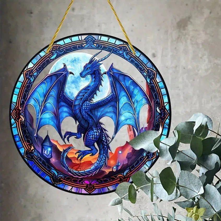 Blue Ice Dragon Suncatcher Dragon Hanging Sign-MoonChildWorld